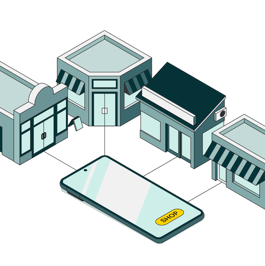 A smartphone with a "SHOP" button on its screen is connected to three different retail storefronts, symbolizing the concept of online shopping and e-commerce integration.