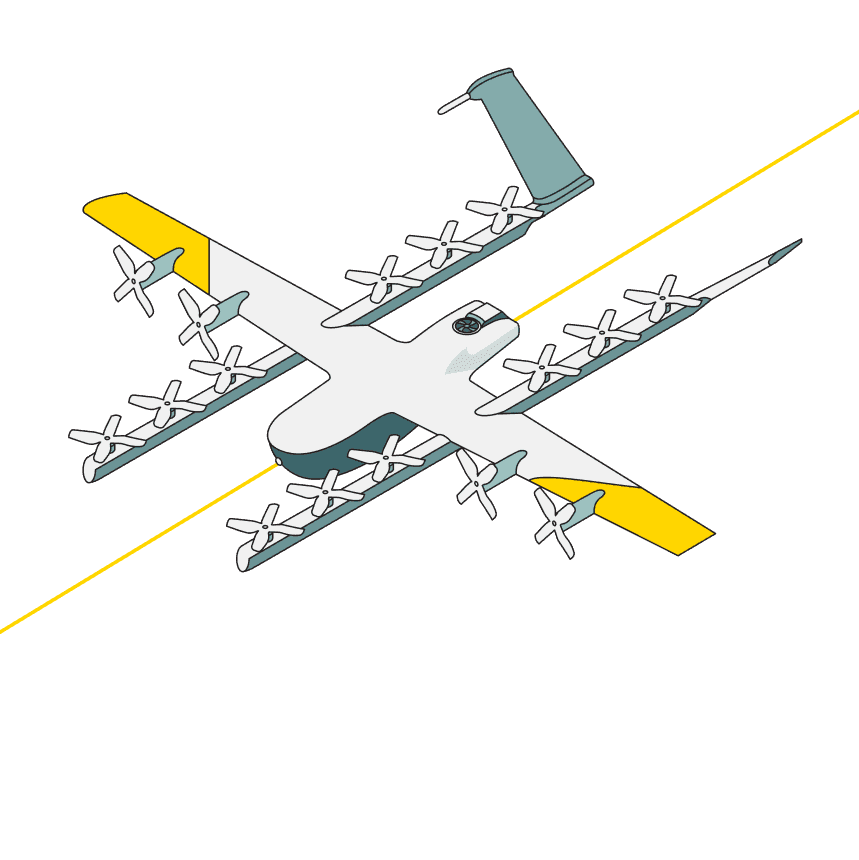 Image of a Wing delivery drone with multiple propellers on both wings and distinct yellow accents, set against a plain background.