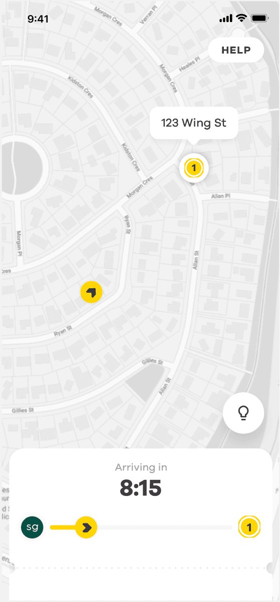 A grayscale smartphone GPS map interface shows a residential area with a highlighted route to "123 Wing St," including route markers and an estimated arrival time of 8:15, with navigation controls at the bottom.