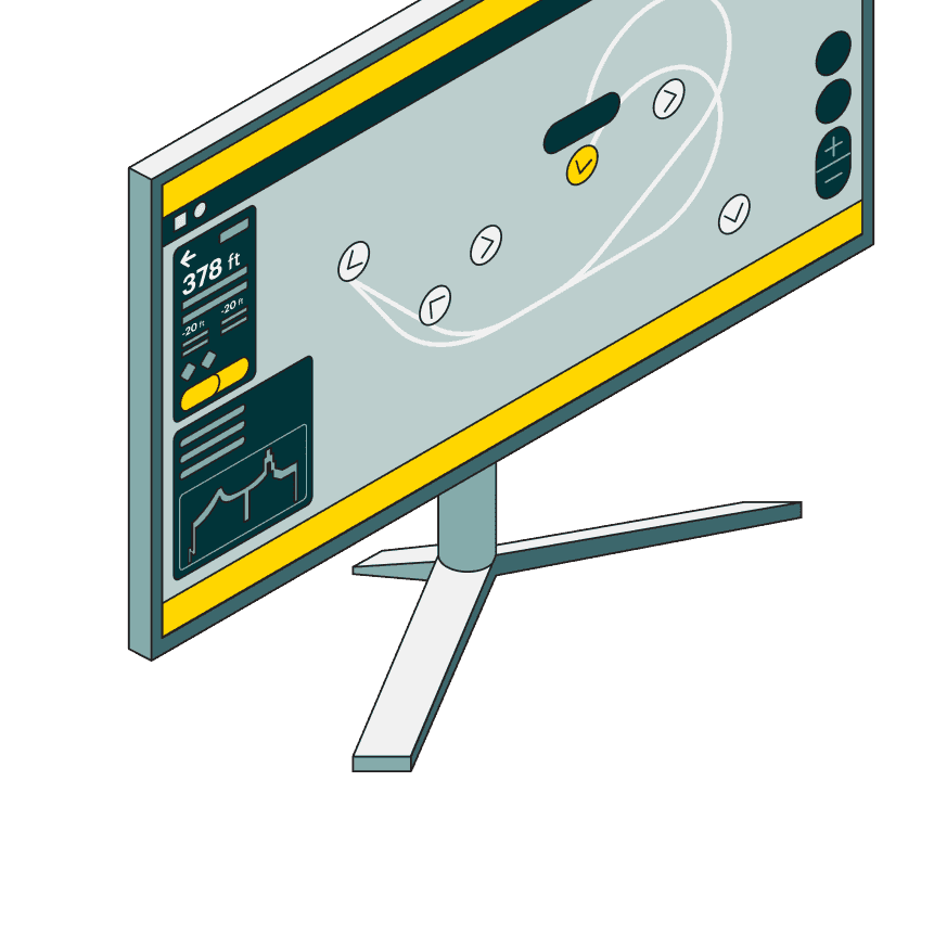 A sleek, modern computer monitor with a thin profile and vibrant yellow accents displays a digital interface featuring a stylized map with location markers, surrounded by analytics data and performance charts, set against a dark gray background.