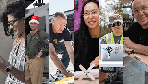 This collage image features six people in various settings, including a woman using a smartphone outdoors, a man in a Santa hat and aviator jacket near an aircraft, a person adjusting a drone's equipment, a woman with long dark hair and glasses smiling, a casually dressed man working on a laptop with drone stickers, and a person assembling parts in a workshop environment.