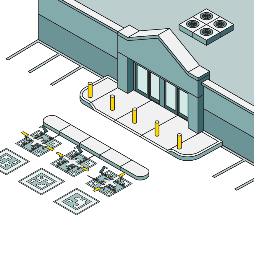 An isometric illustration depicts a modern warehouse exterior with a large entrance, adjacent parking spaces marked for drone landing zones, and rooftop ventilation units, suggesting advanced logistics and drone delivery infrastructure.