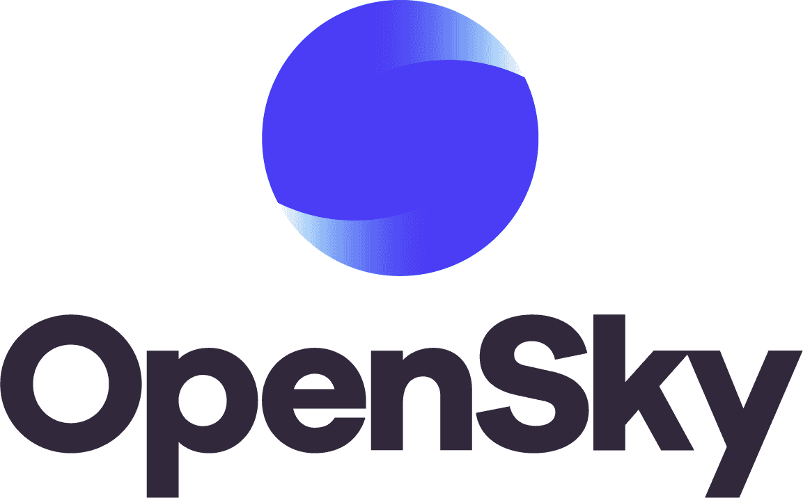 A blue circular logo design with a gradient effect, representing OpenSky, centered above the bold, dark text "OpenSky."