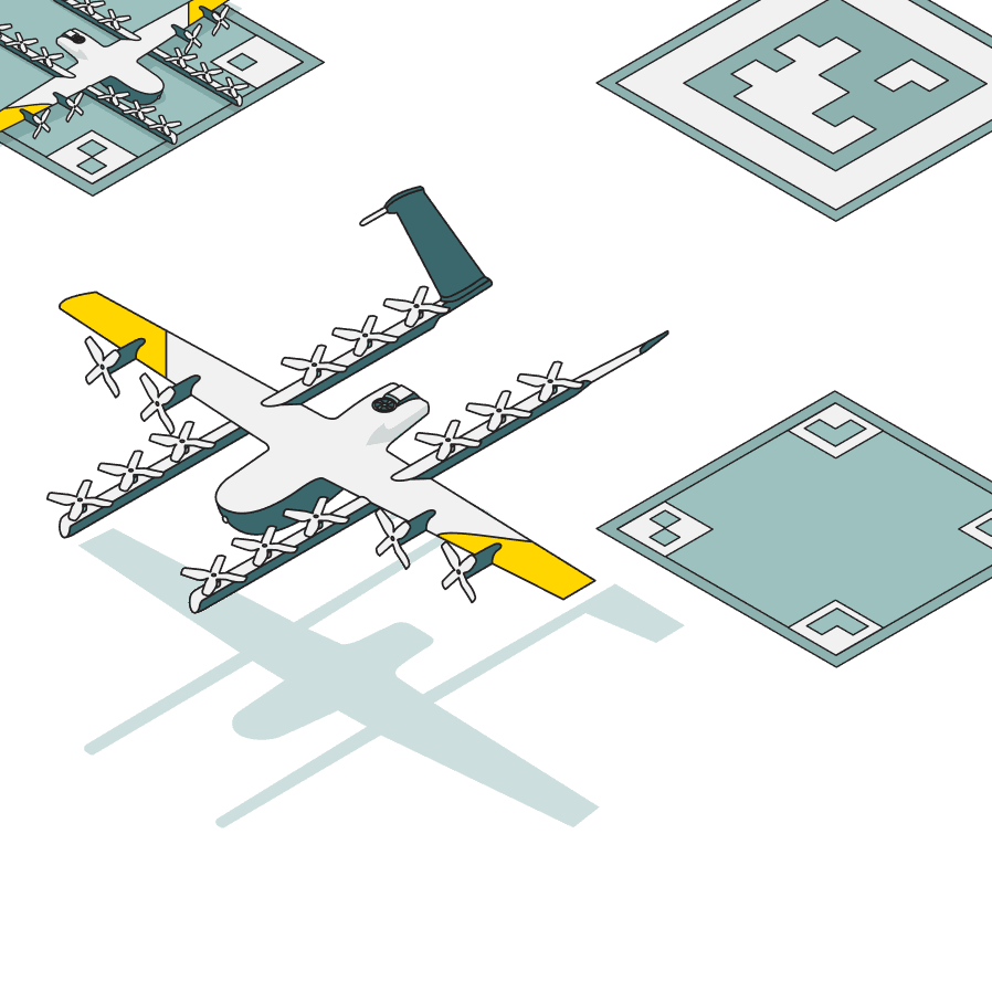 An illustration features a drone aircraft with multiple propellers, depicted flying over a simplistic, block-like landscape with QR codes.